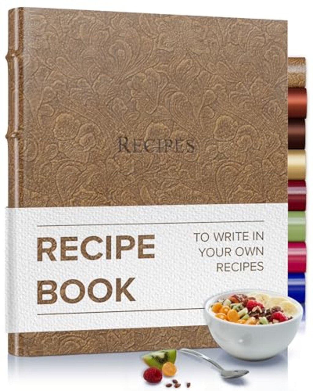 Gallery Leather Recipe book to write your own recipes - 3 Ring Recipe Binder With Protective Plastic Sleeves, Blank Cards, 25 Pocket Pages and Ivory Cards, Refillable - 9.25 x 8 "